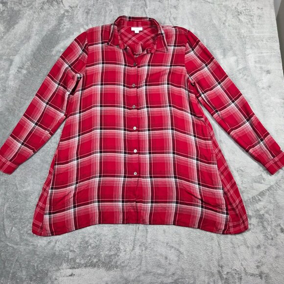 J Jill Top Womens Small Red Plaid Button Up Flowy Tunic Pockets Western Boho - Picture 1 of 8